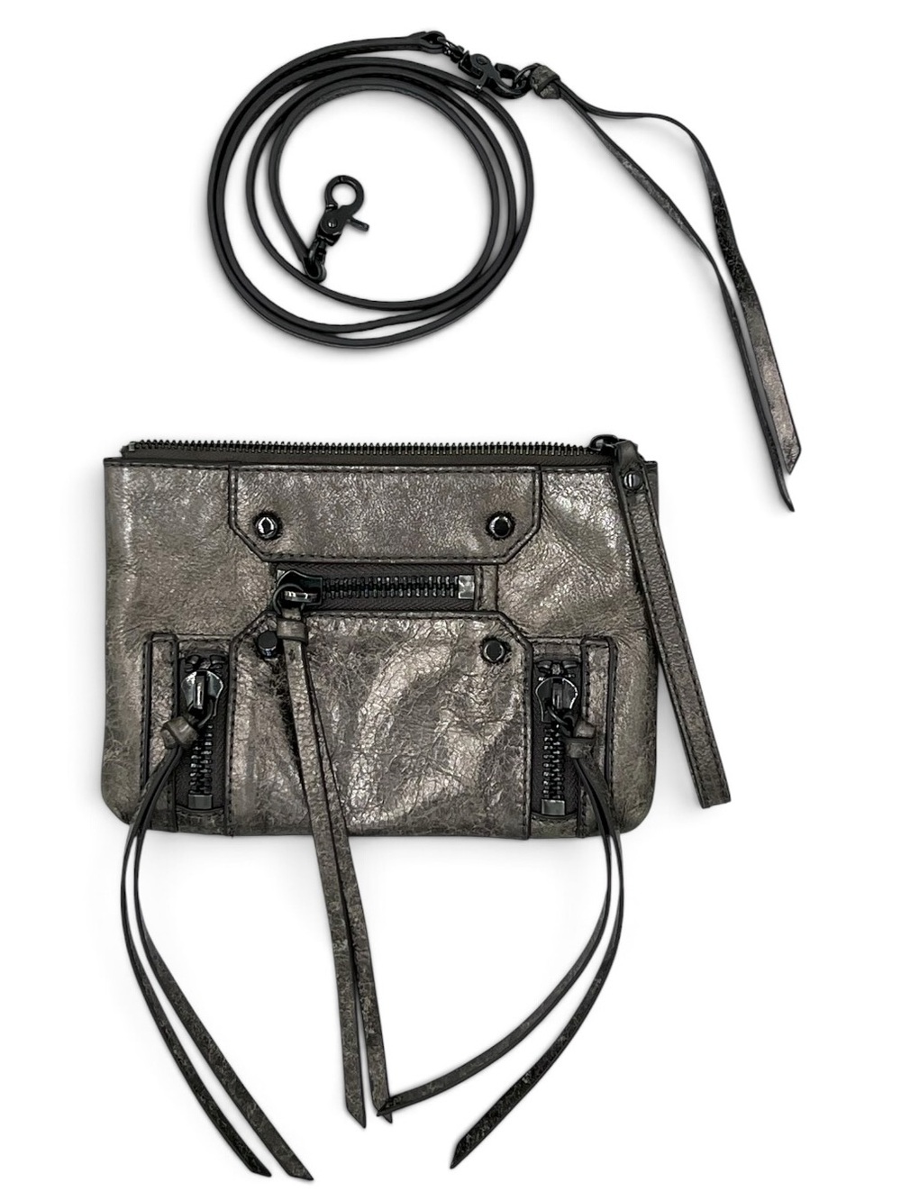 Botkier Logan Metallic Pewter Leather Moto Crossbody Wristlet Bag & Dustbag New
